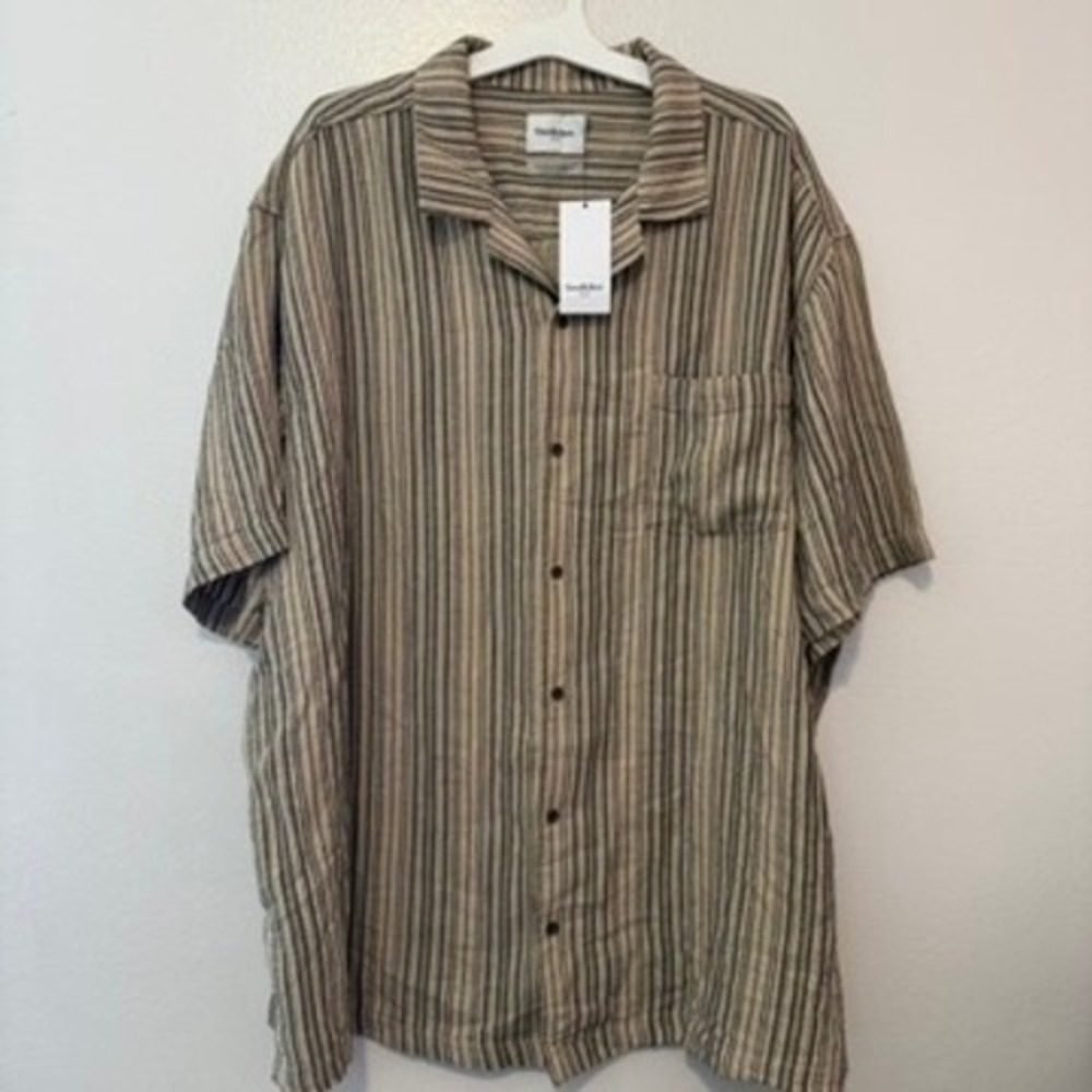 Goodfellow & Co Mens 3XL Tall Linen Blend Striped Short Sleeve Camp Shirt Cream